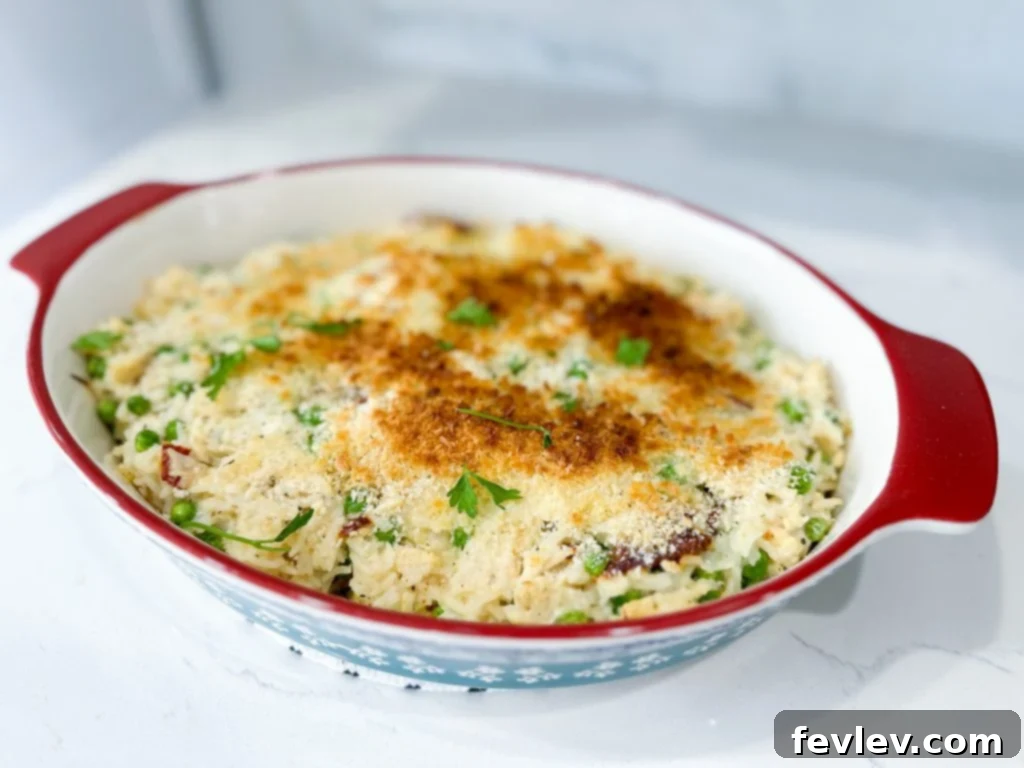 Finished Chicken Alfredo Rice Casserole with golden Panko topping