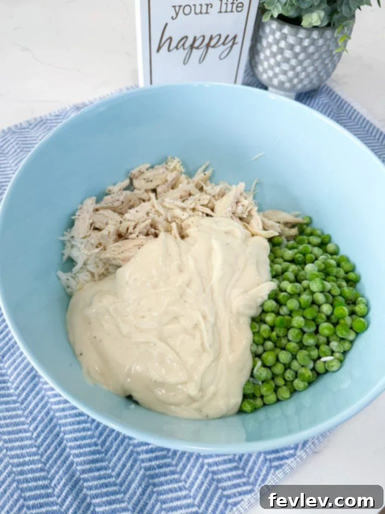 Shredded chicken added to the bowl with rice