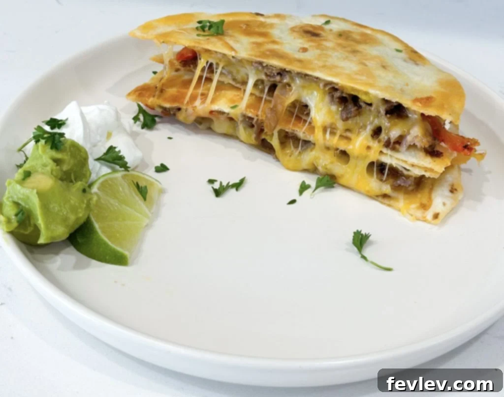 Close-up of a finished steak fajita quesadilla with toppings