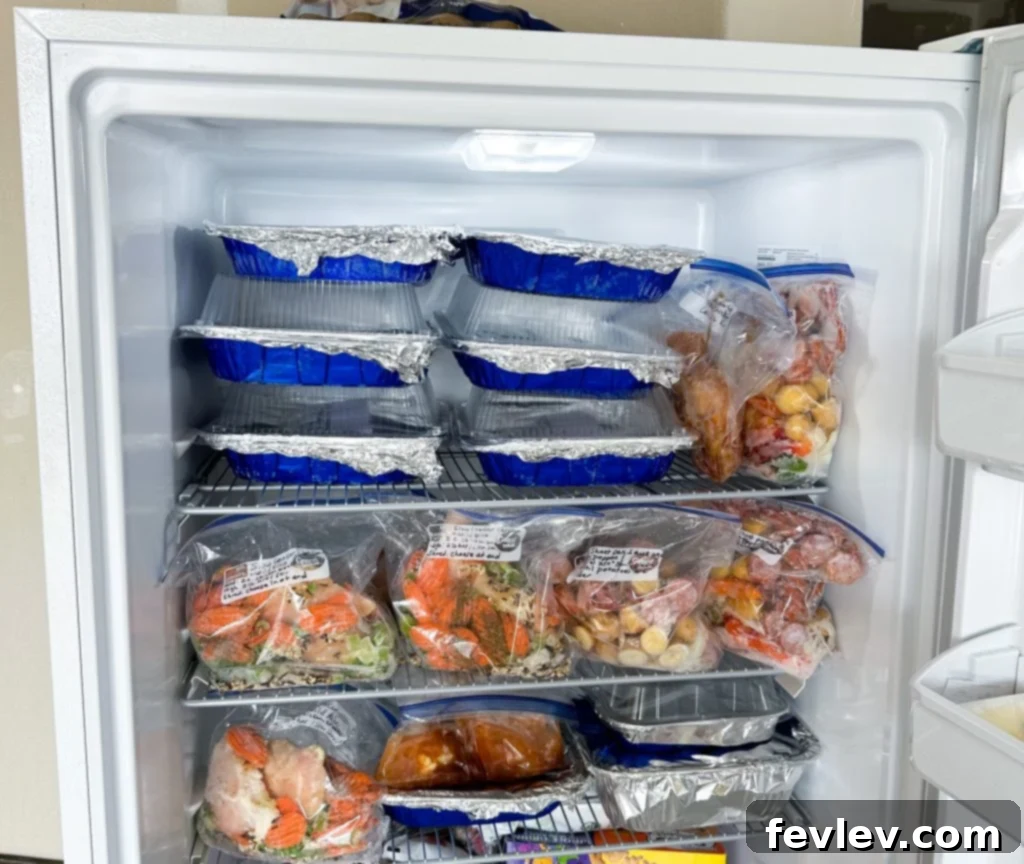 Close-up of frozen meal ingredients being prepared in a freezer bag using a bag holder.