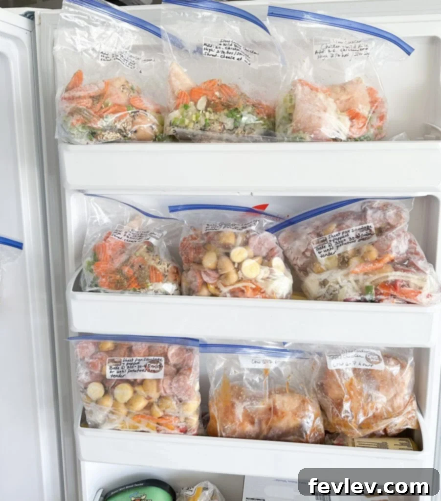 Various prepped ingredients for cheap freezer meals in separate containers.