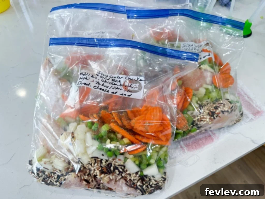 Raw ingredients for slow cooker chicken and wild rice, including chopped vegetables and chicken.