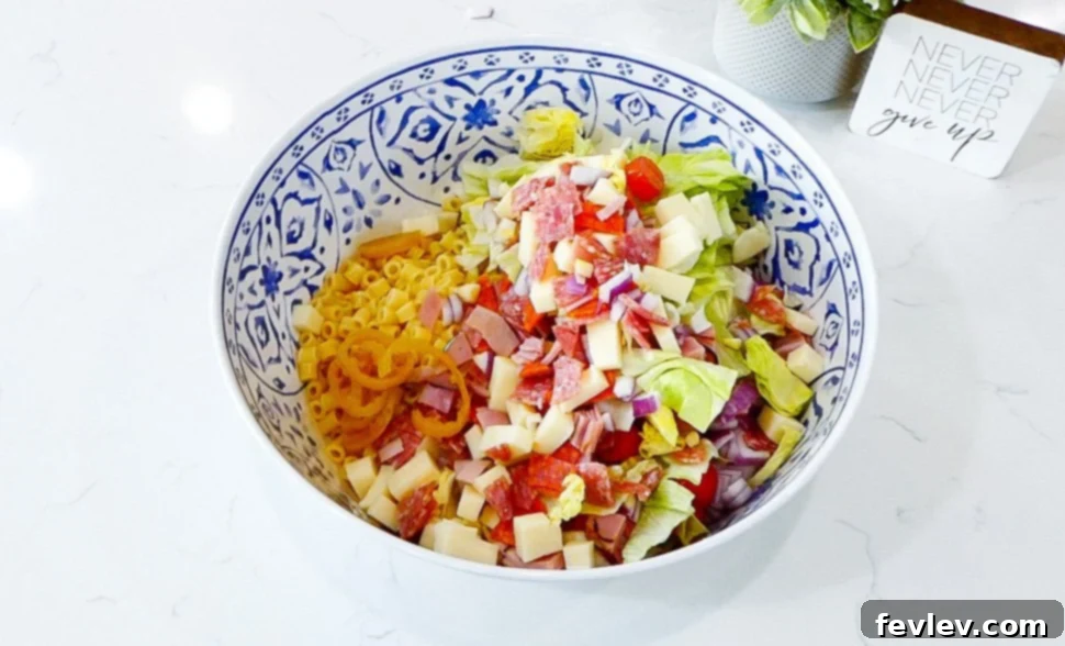Loaded Italian Grinder Pasta Salad 6 Sliced red onion and cherry tomatoes for freshness.
