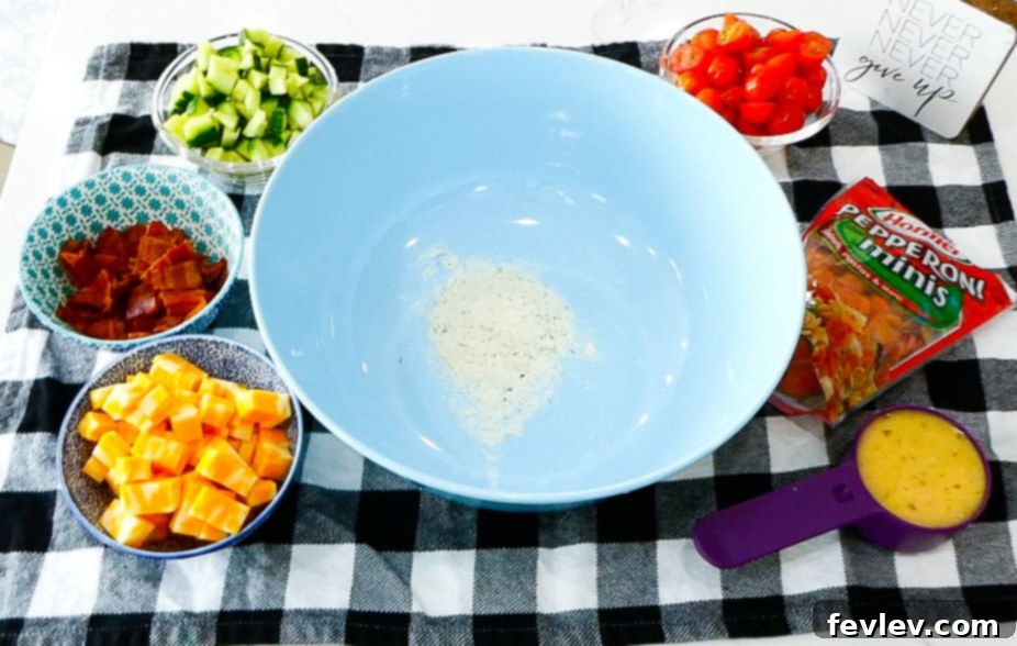Ranch Kissed Italian Pasta Salad 4 Crispy bacon strips, cooked to perfection and ready to be crumbled for the pasta salad, adding a smoky, savory depth.