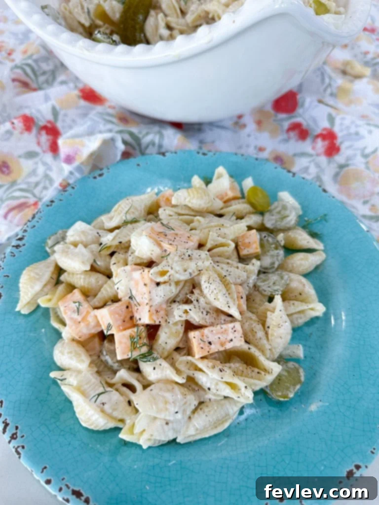 Finished Dill Pickle Pasta Salad in a serving bowl