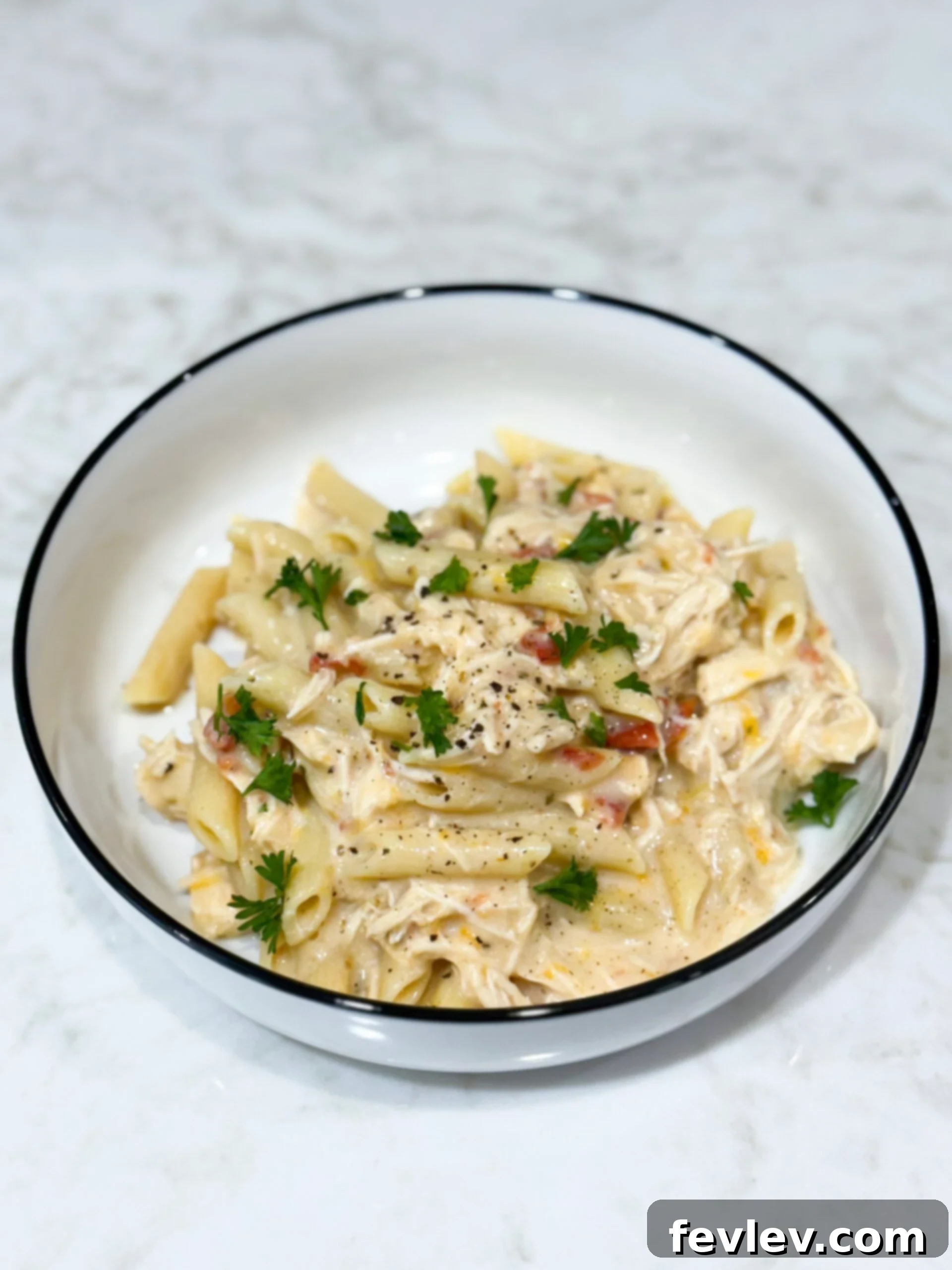 Velvety Slow Cooker Rotel Chicken Pasta 2 Slow cooker creamy chicken pasta topped with parsley, ready to serve.