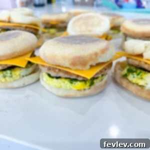 Delicious homemade breakfast sandwiches with egg, cheese, and sausage, perfectly assembled and ready for a quick and easy breakfast or meal prep.