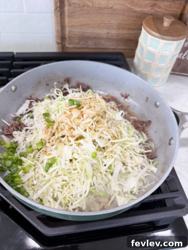 Deconstructed Beef Egg Roll Bowl 5 add shredded cabbage for egg roll
