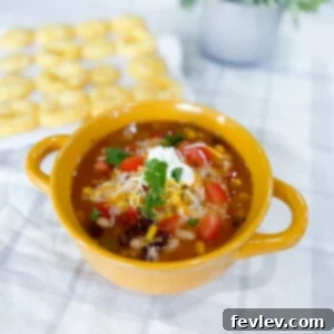 A vibrant bowl of Chicken Taco Soup with fresh toppings