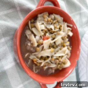 Hearty Lentil Pasta Veggie Soup in a bowl, garnished with fresh herbs.