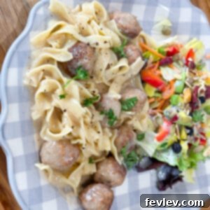 Delicious Easy Swedish Meatballs served with creamy sauce and egg noodles