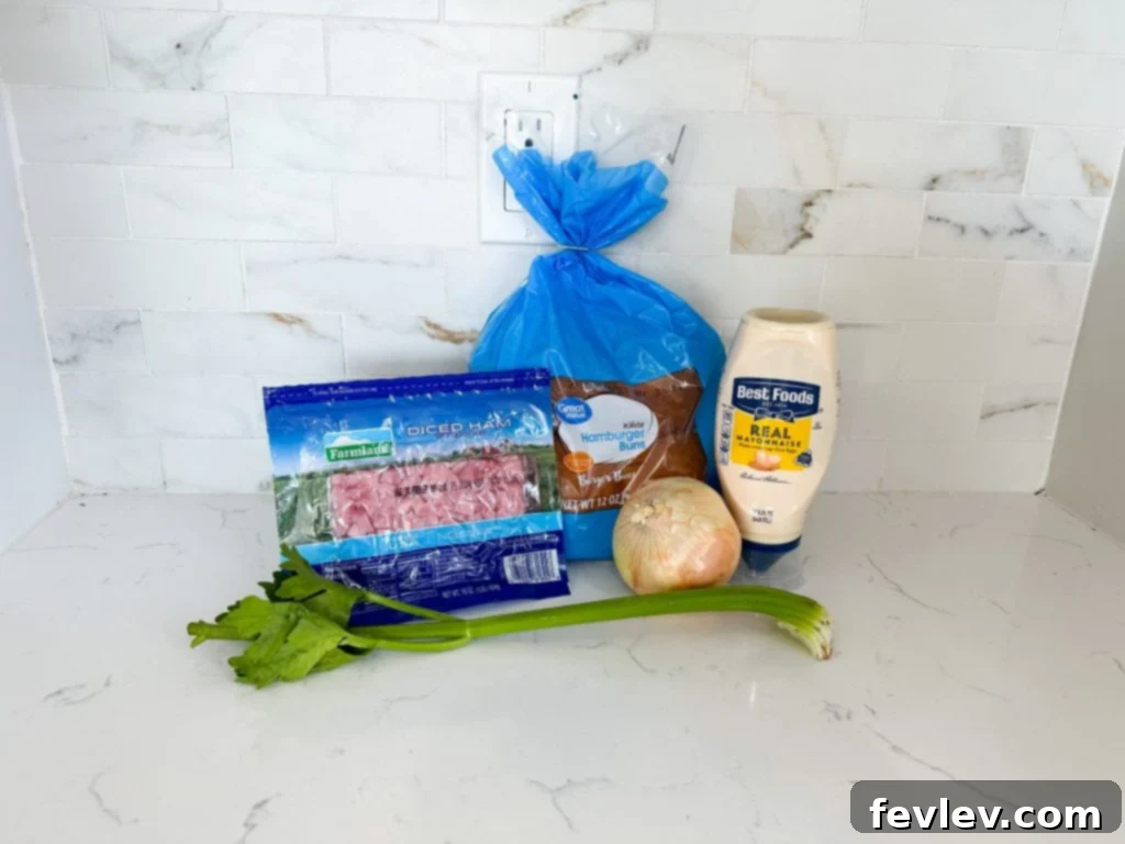 Creamy Ham Salad Sandwiches 3 Ham salad mixture in a bowl, ready to be assembled into sandwiches