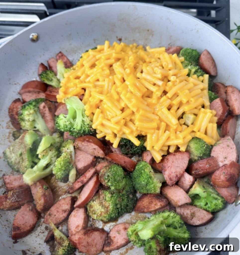 Smoked Sausage Mac and Cheese: A Five Dollar Feast 7 Smoked sausage mac and cheese ready to serve