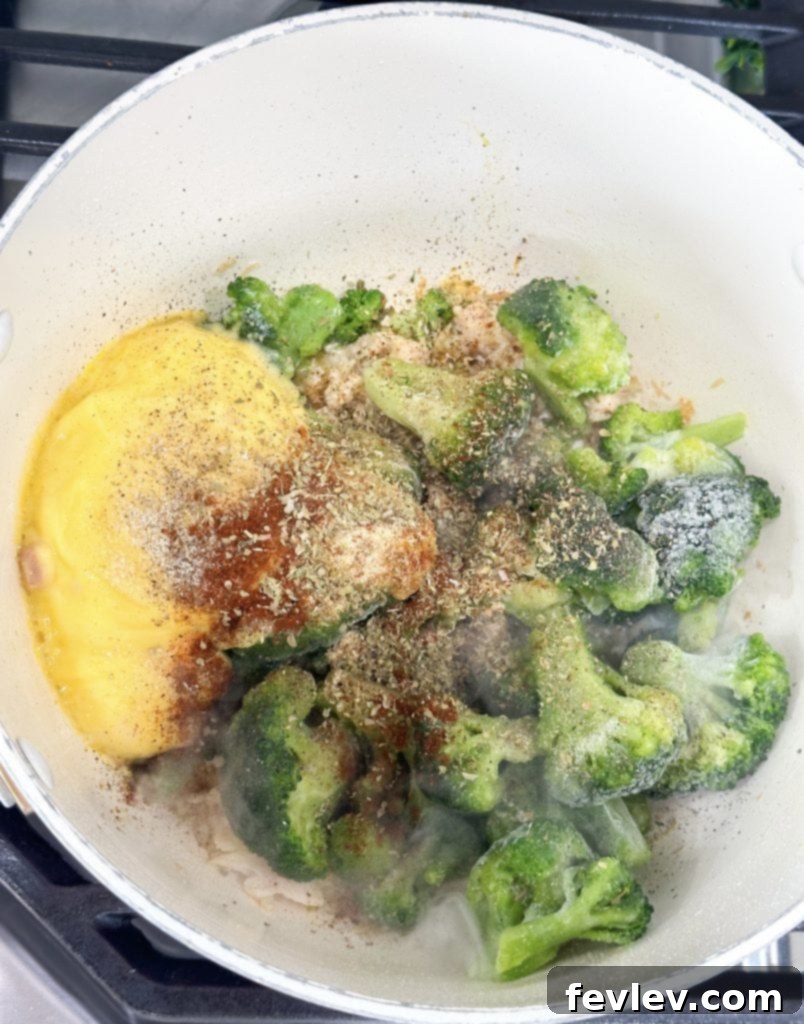 Budget-Friendly Chicken Broccoli Rice 5 Broccoli, seasonings, and cream of chicken soup being added to the pot with chicken