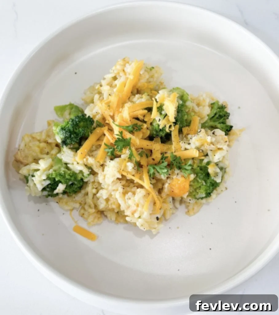 Budget-Friendly Chicken Broccoli Rice 7 Close-up of a serving of cheesy chicken broccoli rice casserole with steam