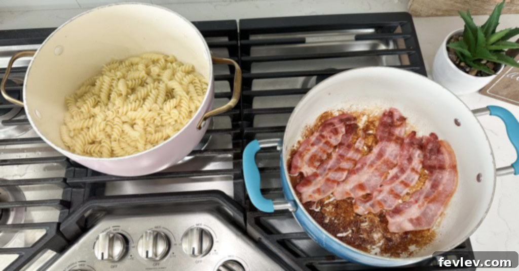 Ultimate Rotisserie Chicken Bacon Alfredo 3 rotisserie chicken bacon alfredo cooking process