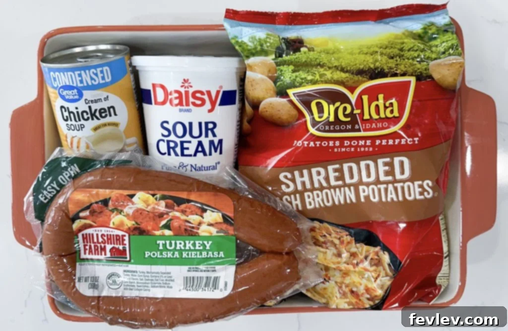 Dump and Go Sausage Hashbrown Casserole with ingredients laid out