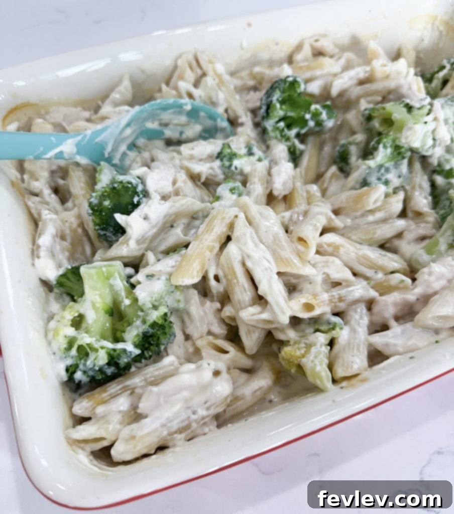 Dump and go garlic chicken pasta casserole after initial bake