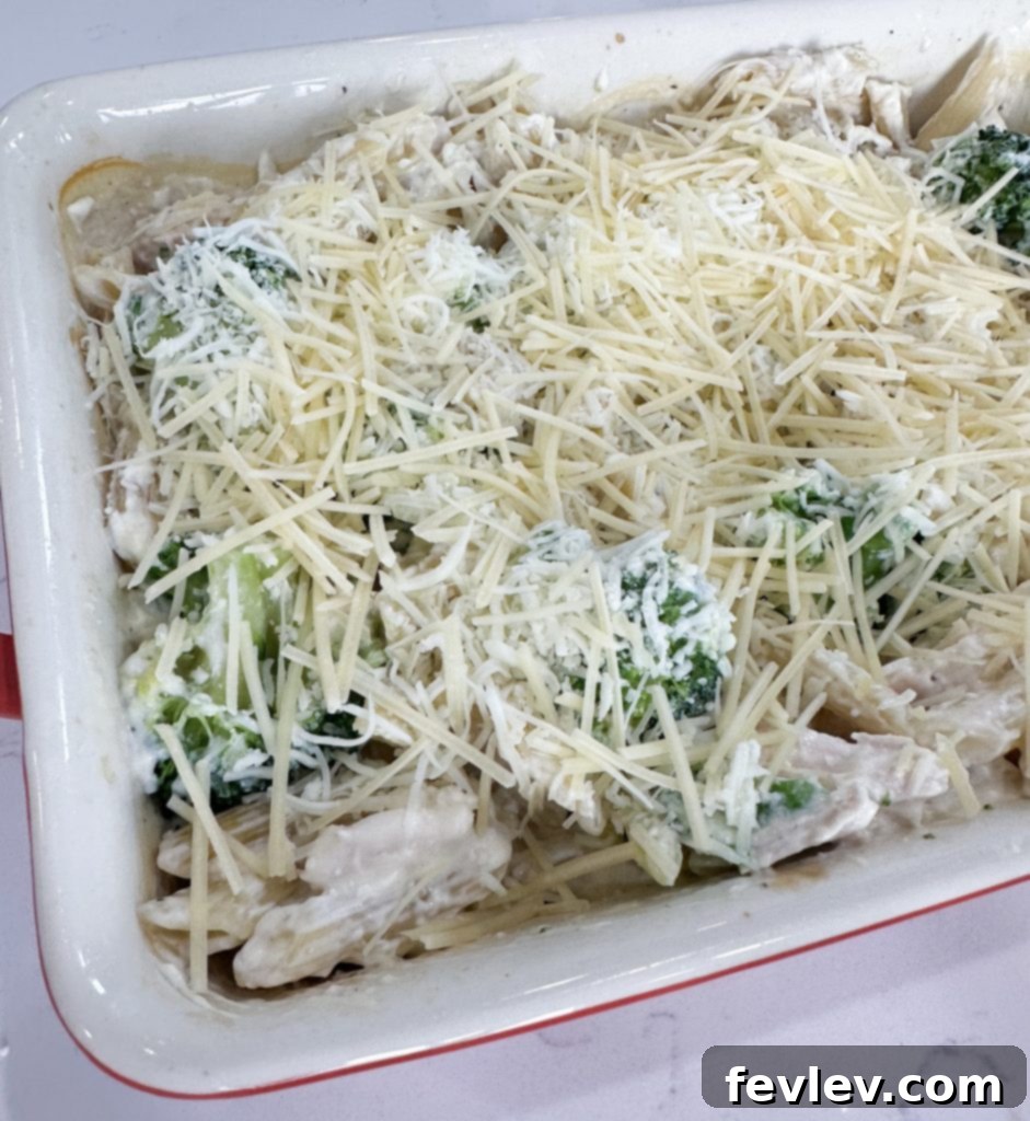 Dump and go garlic chicken pasta casserole topped with cheese