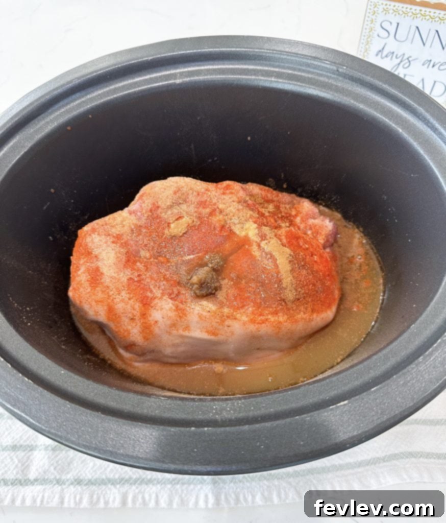 Apple cider, apple cider vinegar, and brown sugar added to the slow cooker with pork