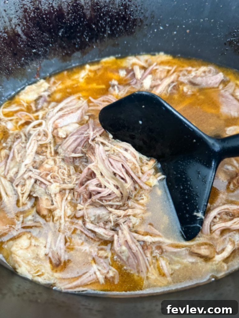 Shredded apple cider pulled pork in the slow cooker after cooking