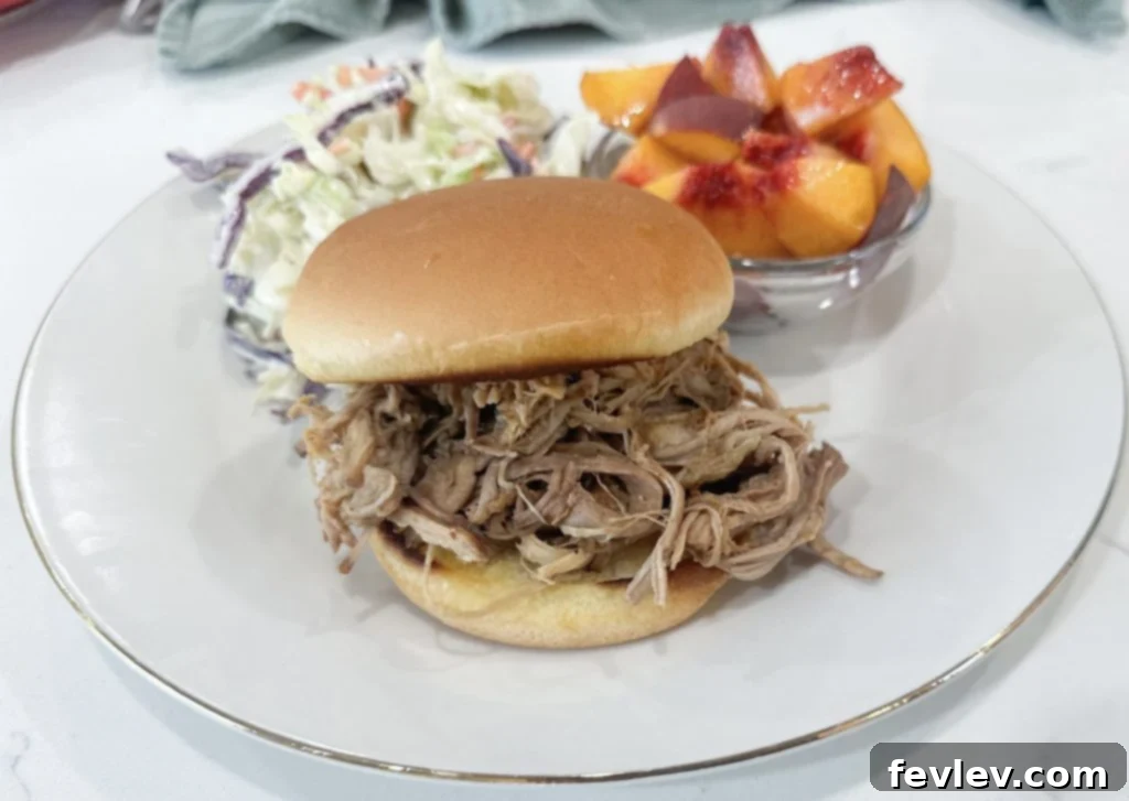 Close-up of shredded slow cooker apple cider pulled pork, ready to serve