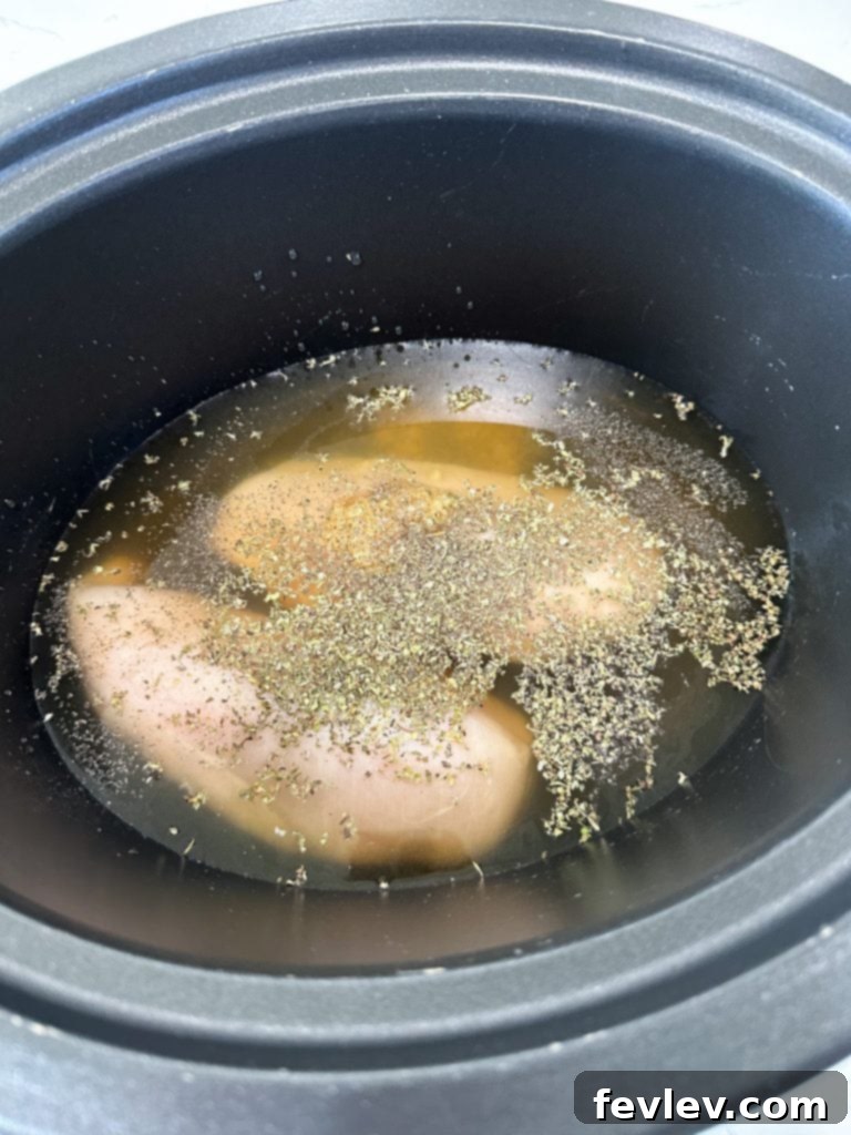 Comforting Slow Cooker Italian Chicken Noodle Soup 3 Slow cooker filled with chicken, broth, garlic, and Italian seasonings for the soup base.