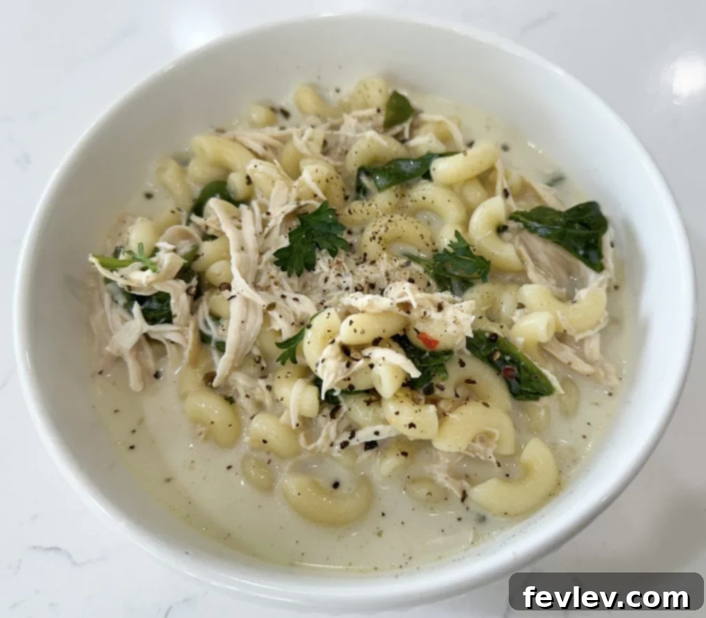 Comforting Slow Cooker Italian Chicken Noodle Soup 6 A steaming bowl of creamy slow cooker Italian chicken noodle soup garnished with fresh herbs.