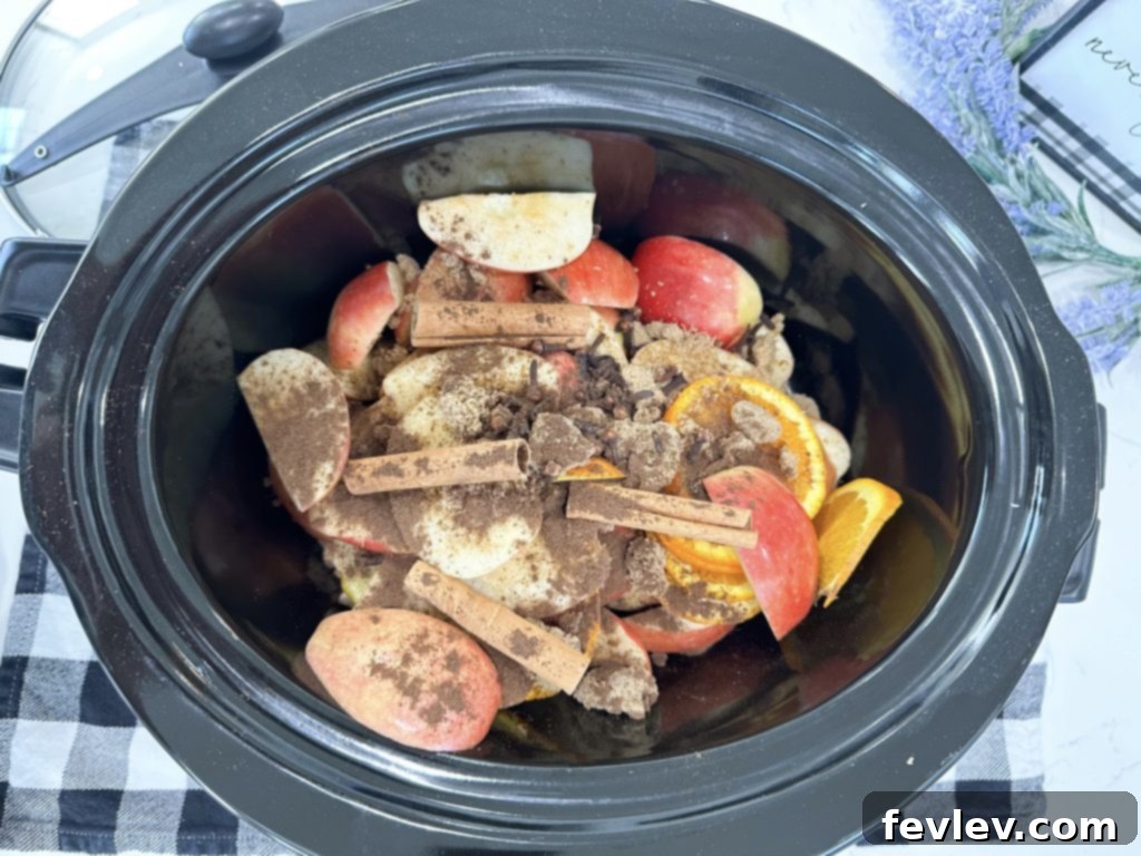 Cozy Slow Cooker Apple Cider 2 Whole apples, sliced oranges, and spices ready to be cooked in a slow cooker for apple cider.