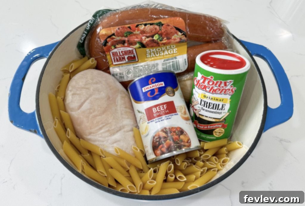 Ingredients laid out for One Pot Cajun Chicken Alfredo