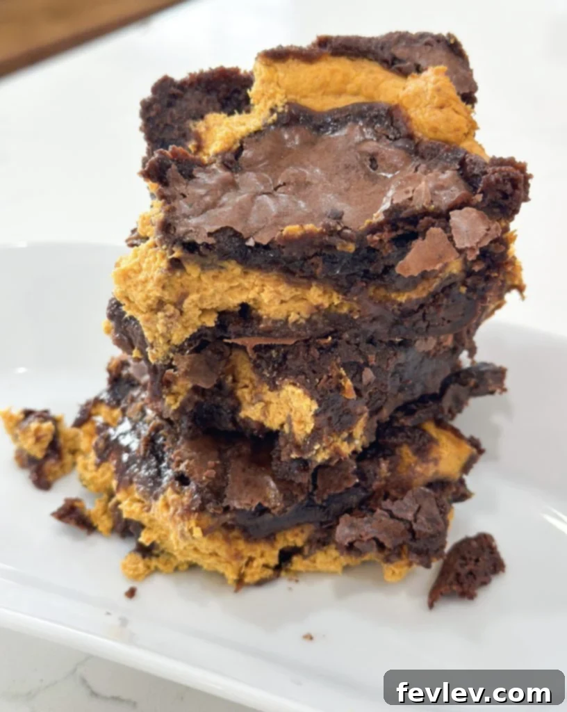 Sliced pumpkin brownies on a plate, ready to be stored or served.