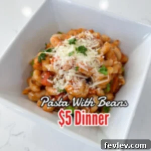 Pasta with beans $5 dinner - A hearty serving of pasta with beans in a deep bowl, garnished with fresh basil, showcasing its appetizing appeal.