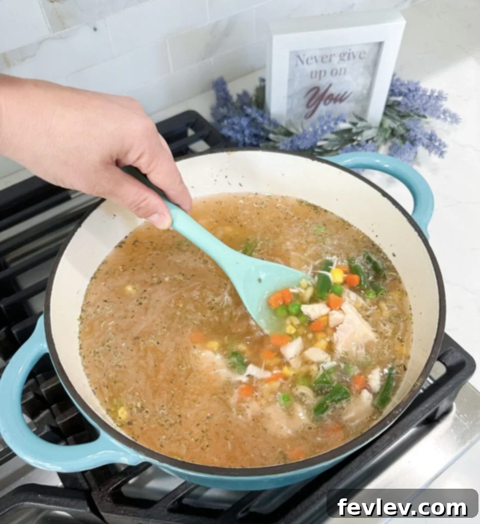 Cooking one pot chicken noodle soup in a large stock pot