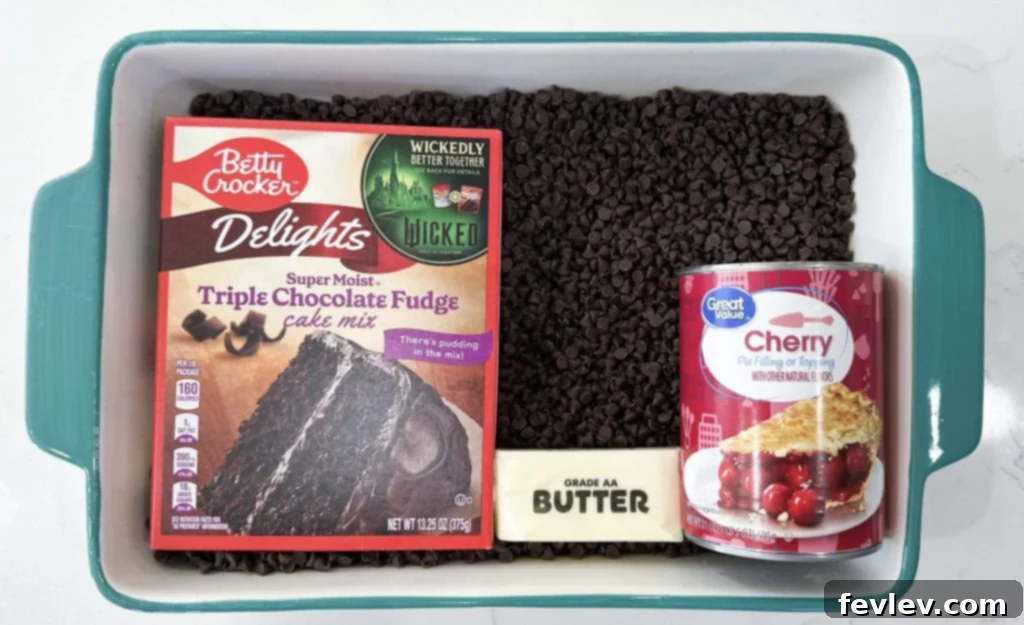 Ingredients for Black Forest Dump Cake, including cherry pie filling, chocolate cake mix, butter, and chocolate chips