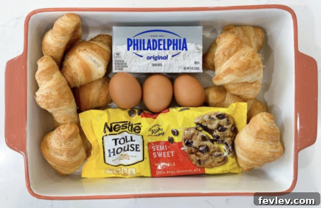 A visual guide to the simple ingredients needed for Dump and Bake Chocolate Crescent Casserole
