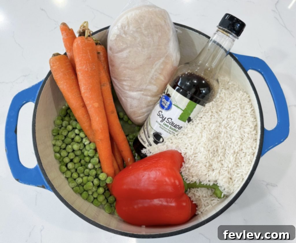 Effortless One-Pot Teriyaki Chicken and Rice 2 Fresh ingredients laid out for making one pot teriyaki chicken and rice, including chicken, vegetables, and sauces.