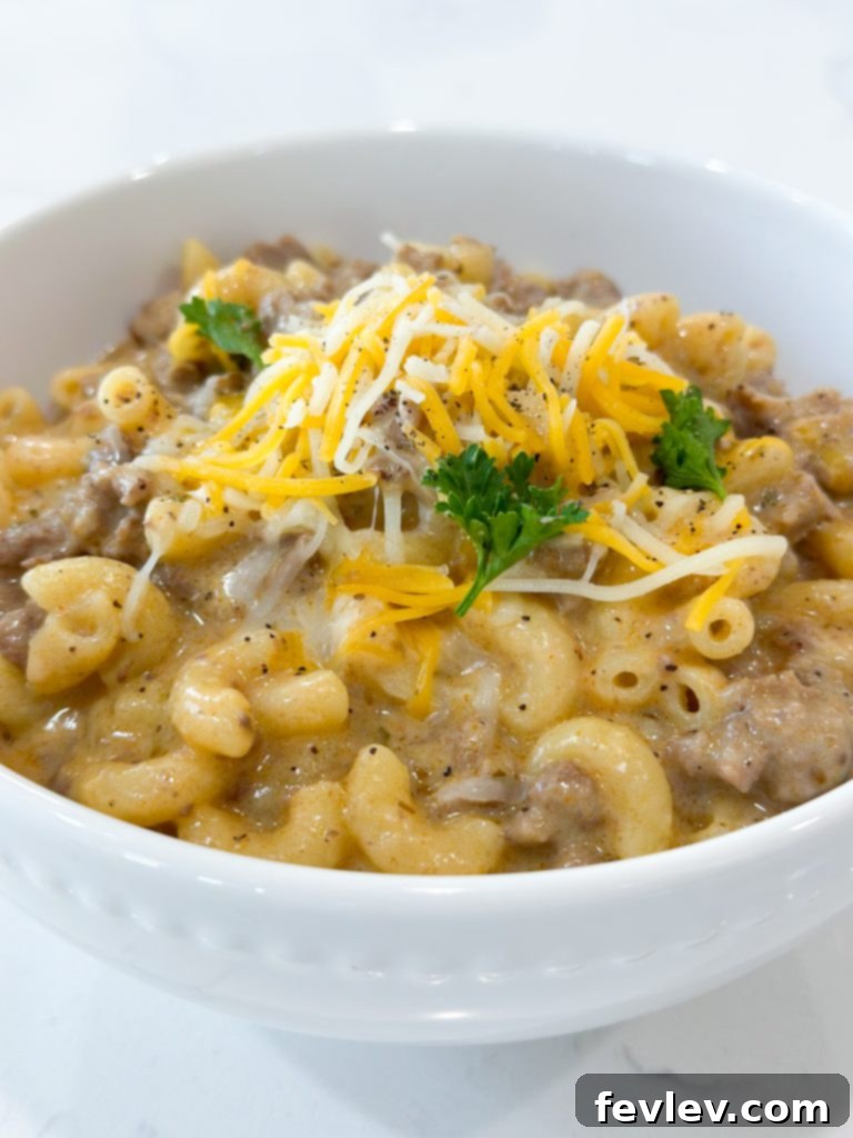 A close-up of the finished Homemade One Pot Hamburger Helper, ready to serve