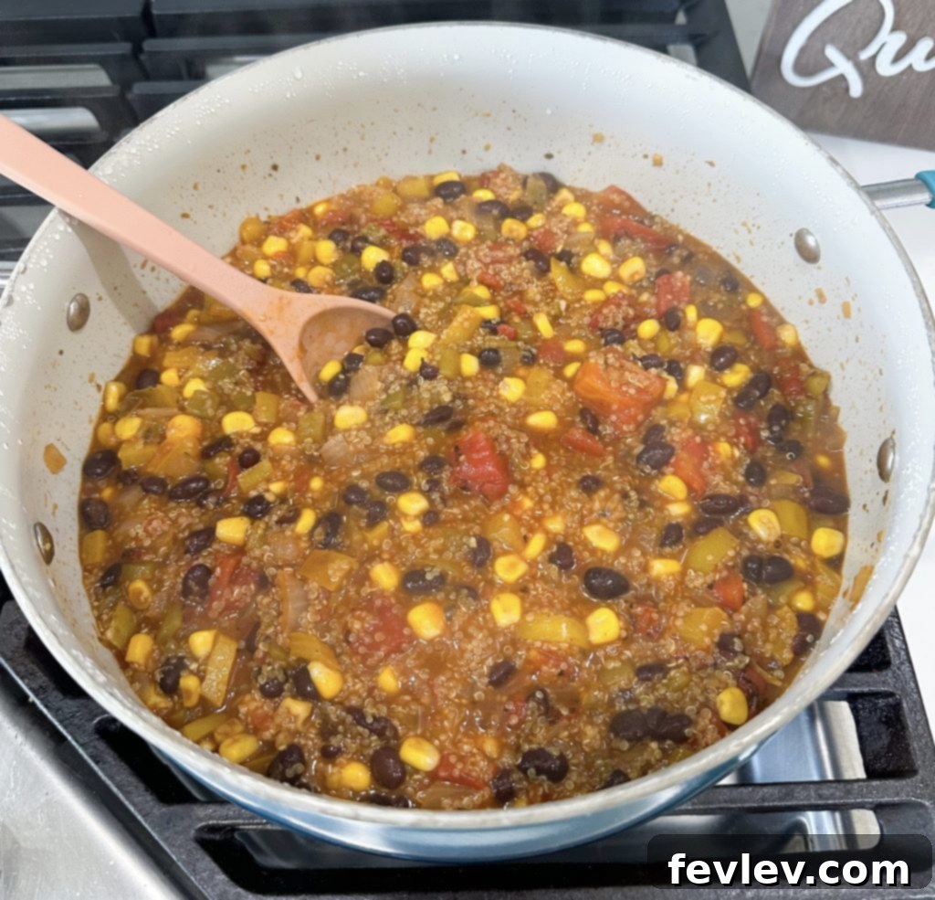 Meatless taco skillet simmering on the stove