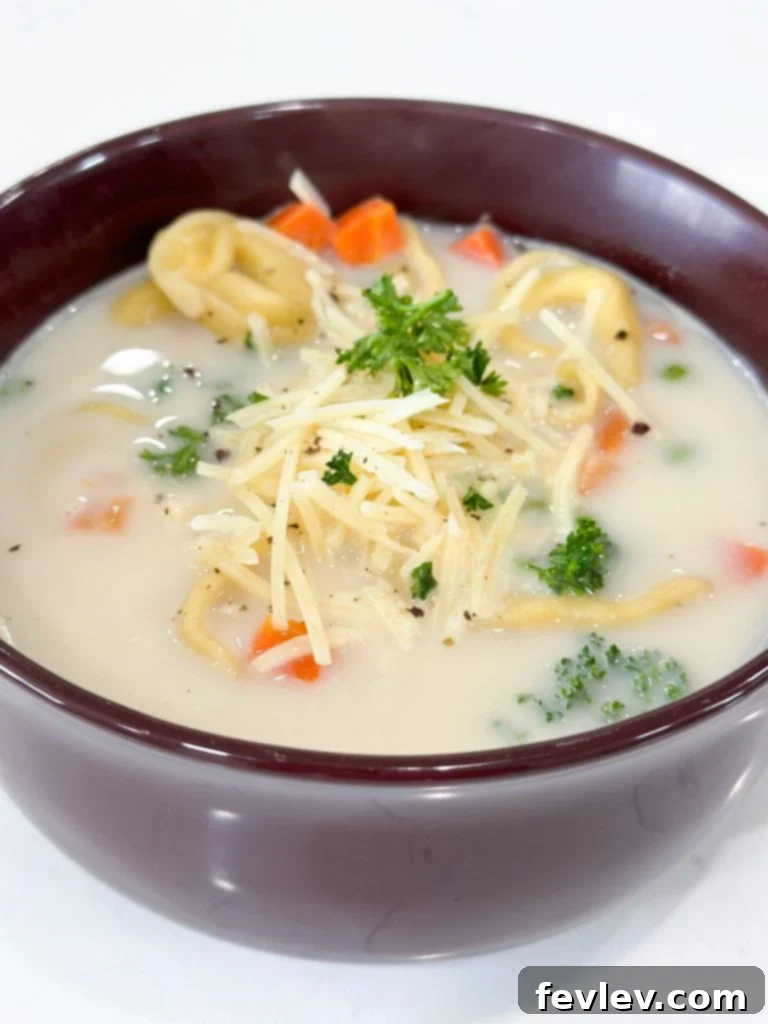 A bowl of creamy tortellini soup, garnished with fresh herbs, ready to be enjoyed.