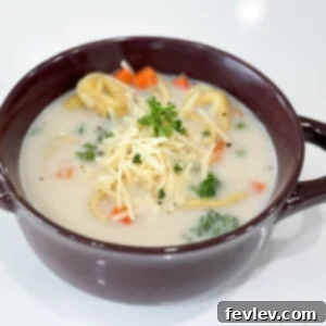 A bowl of Creamy Tortellini Soup, garnished, ready to serve.