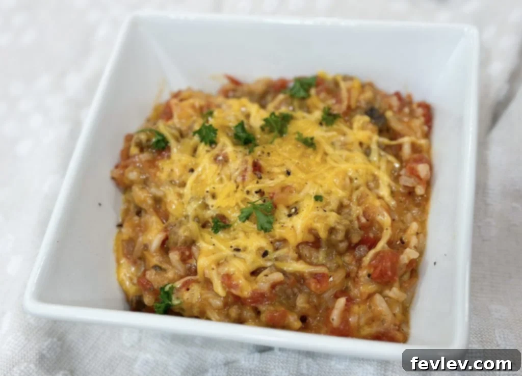 Serving of hamburger rice casserole in a bowl, showing a perfect blend of beef, rice, and melted cheese.