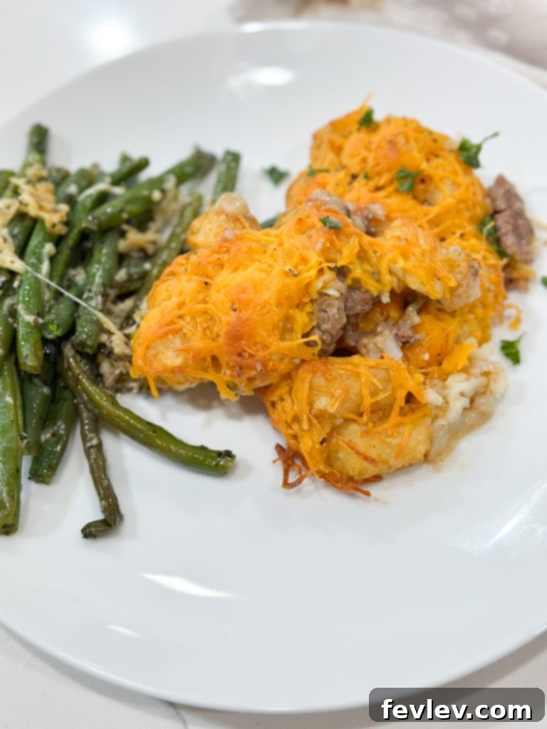 easy tater tot casserole recipe served with toppings