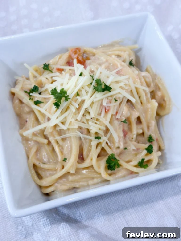 Creamy Slow Cooker Chicken Spaghetti 8 A close-up of a serving of Slow Cooker Chicken Spaghetti, garnished with fresh herbs, ready to be enjoyed.