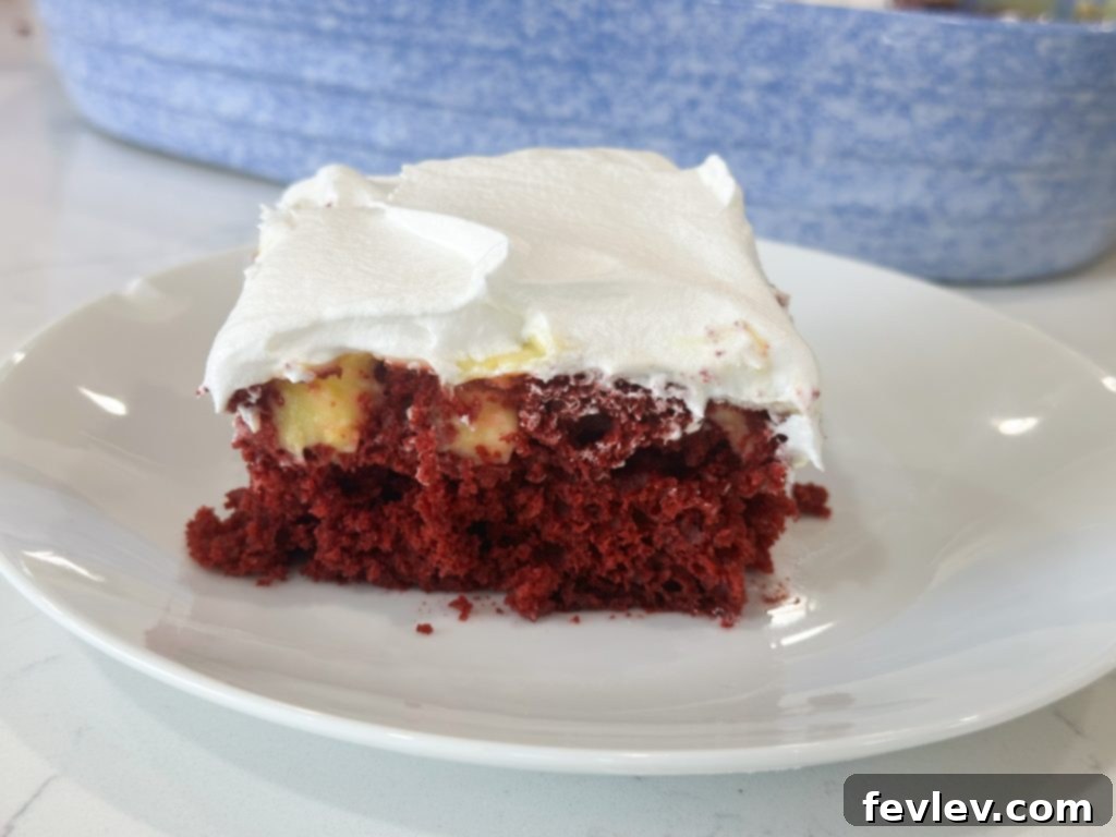 Your Festive Feast for Under Twenty Dollars 4 Close-up of a slice of red velvet poke cake with whipped topping.