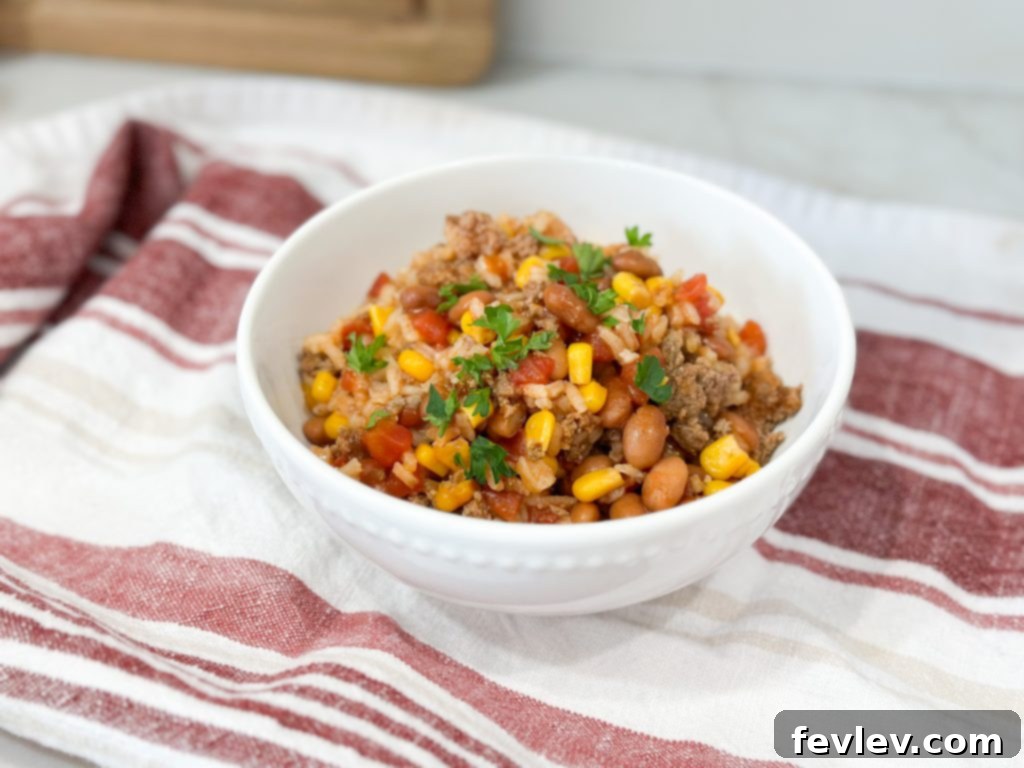 Extreme budget dollar dinners: Savory turkey rice taco skillet, an easy and healthy family meal plan recipe.