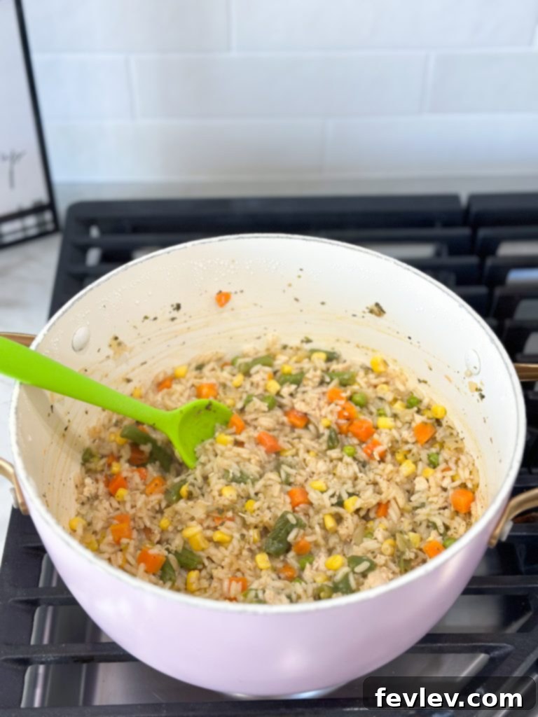 Easy extreme budget dollar dinner recipes: Cooking rice and chicken skillet with mixed vegetables in a pan.