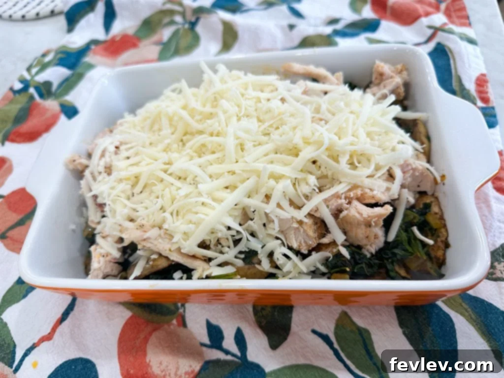 Nourishing Chicken Casserole 4 Healthy chicken casserole topped with mozzarella cheese, ready for baking in the oven