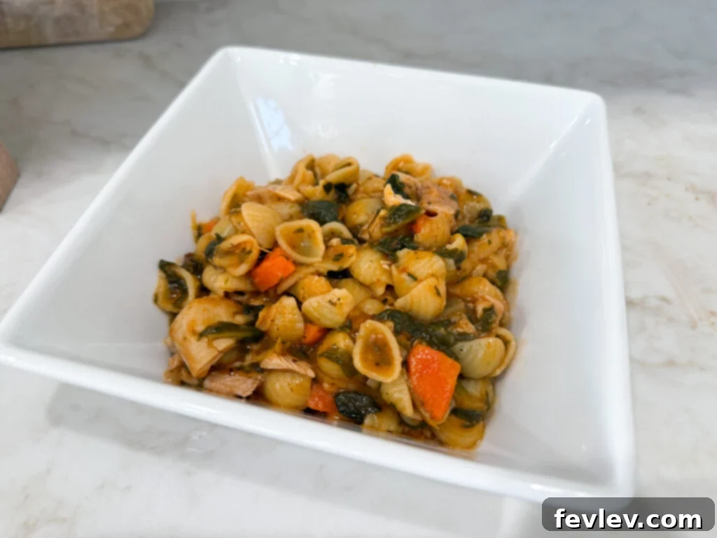 Feast for a Month: $45 Budget Dinners and Savvy Grocery Secrets 11 A comforting chicken and vegetable pasta dish, rich with sauce and packed with nutritious ingredients, perfect for a budget meal.