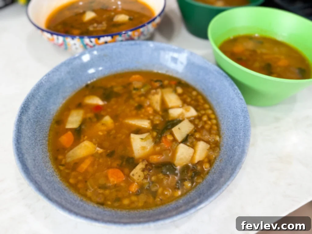 Feast for a Month: $45 Budget Dinners and Savvy Grocery Secrets 14 A hearty lentil and potato soup, garnished with fresh herbs, offering a nutritious and extremely budget-friendly meal.