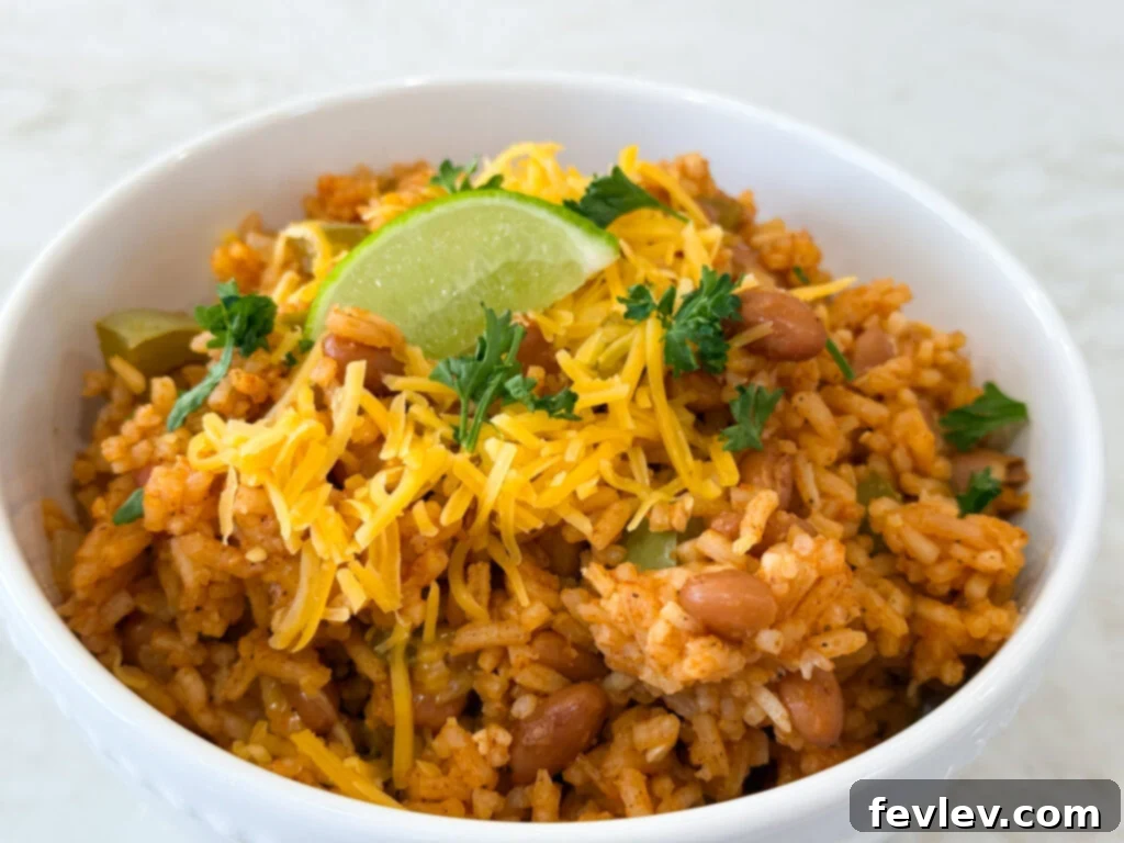 Pinto Bean Fiesta Rice 3 A close-up shot of the finished Spanish Rice with Pinto Beans, showcasing its rich colors and delicious texture, topped with shredded cheese and cilantro in a rustic bowl.